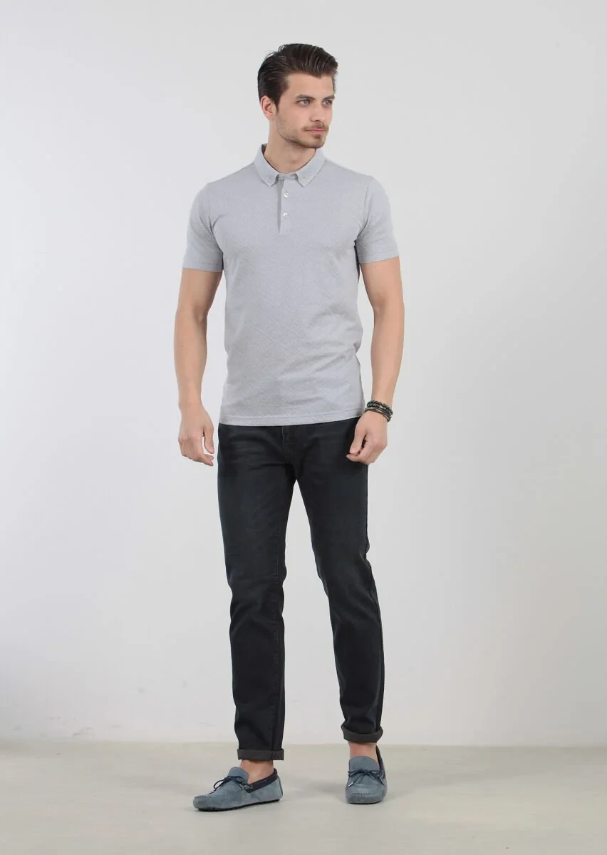 Açık Gri Jakarlı Polo Yaka %100 Pamuk T-Shirt - 2