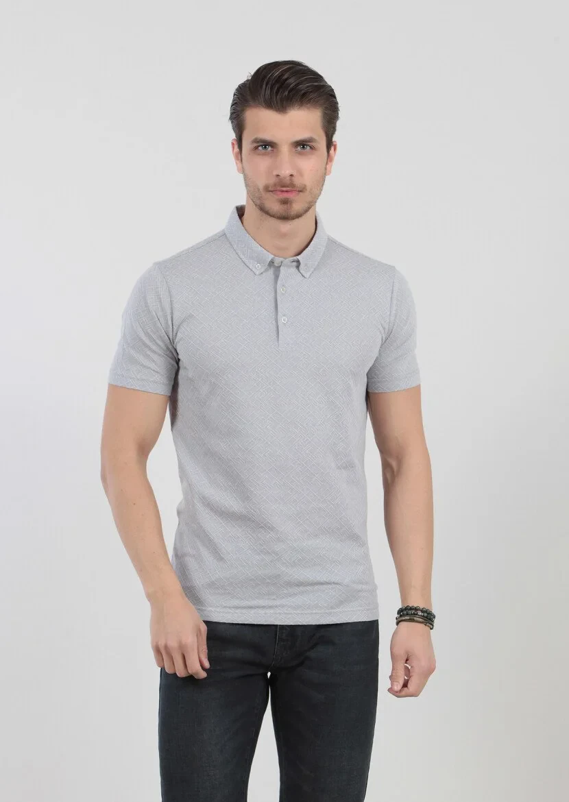 Açık Gri Jakarlı Polo Yaka %100 Pamuk T-Shirt - 3