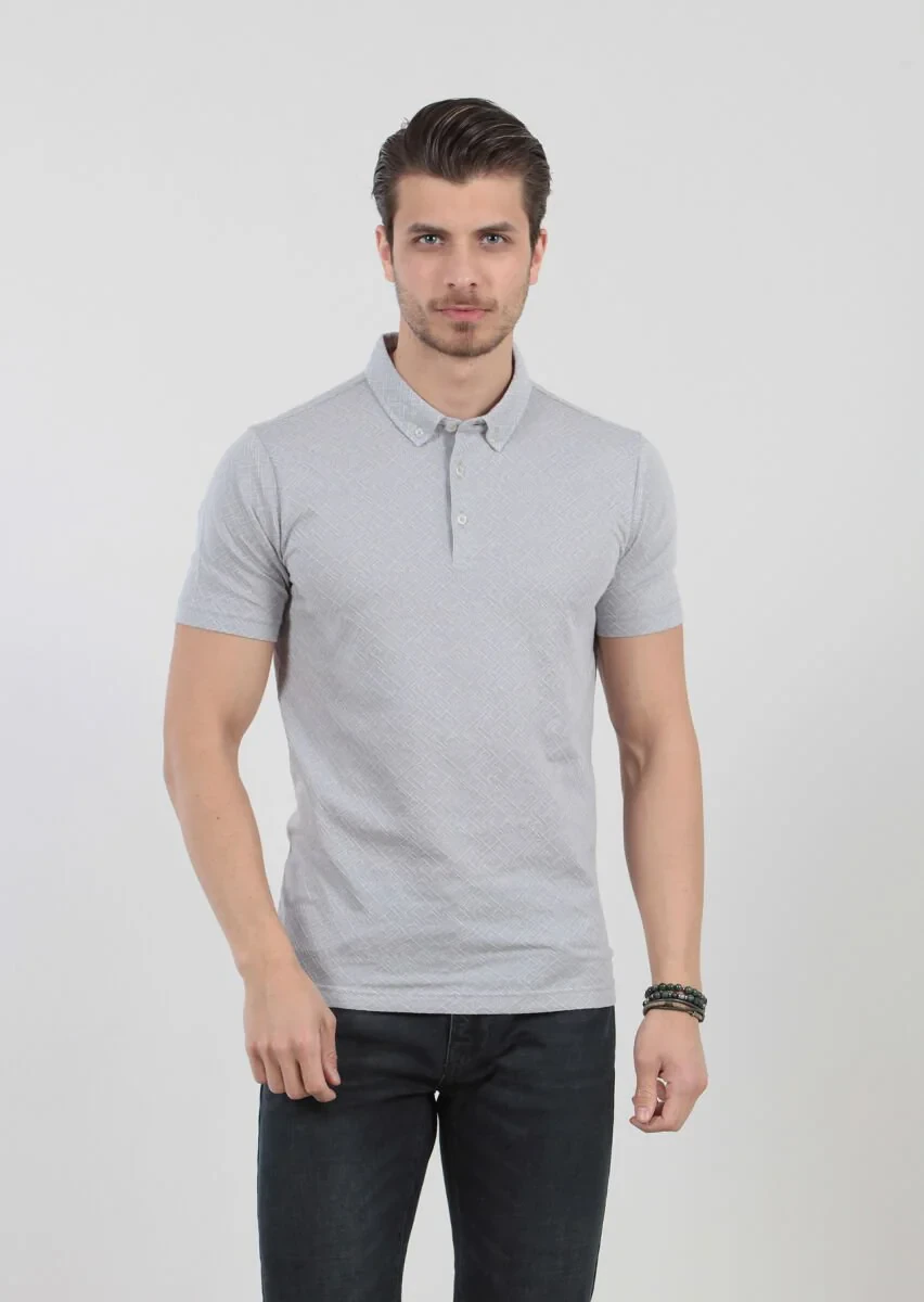 Açık Gri Jakarlı Polo Yaka %100 Pamuk T-Shirt - 3