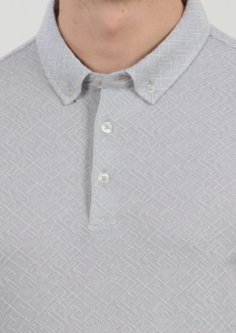 Açık Gri Jakarlı Polo Yaka %100 Pamuk T-Shirt - 4