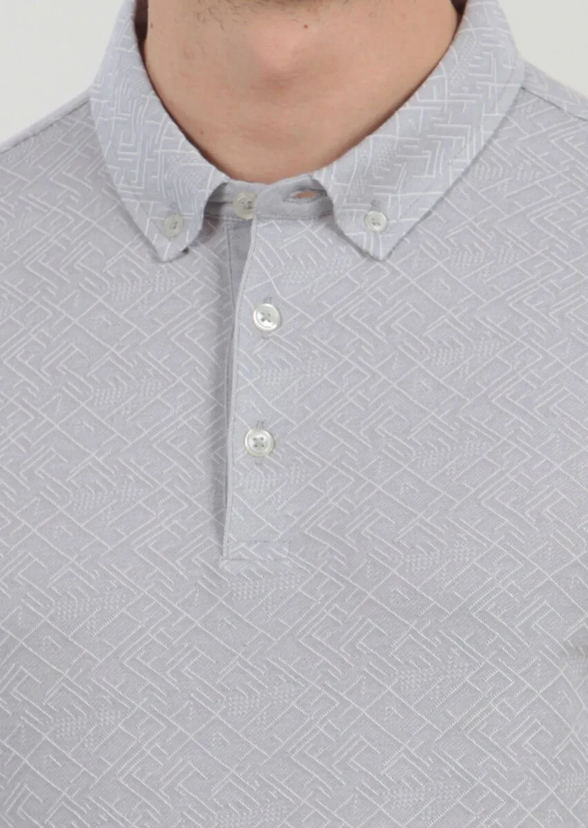 Açık Gri Jakarlı Polo Yaka %100 Pamuk T-Shirt - 4