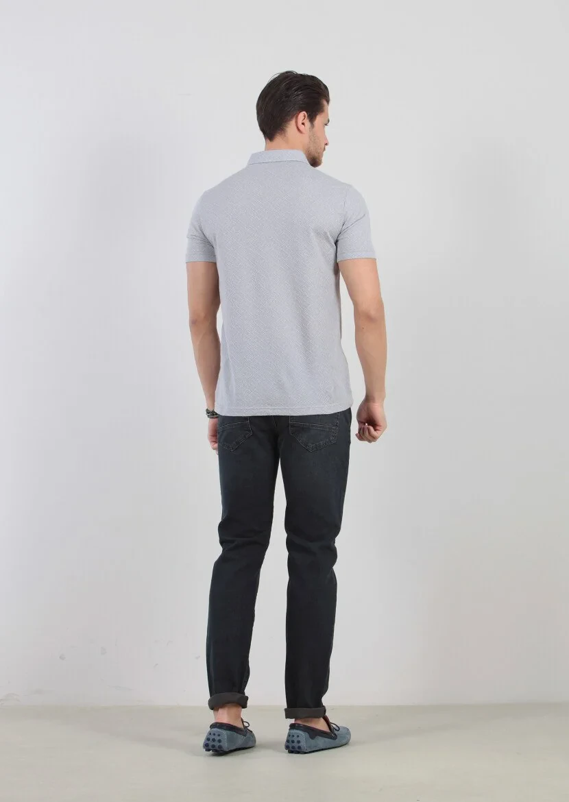 Açık Gri Jakarlı Polo Yaka %100 Pamuk T-Shirt - 5