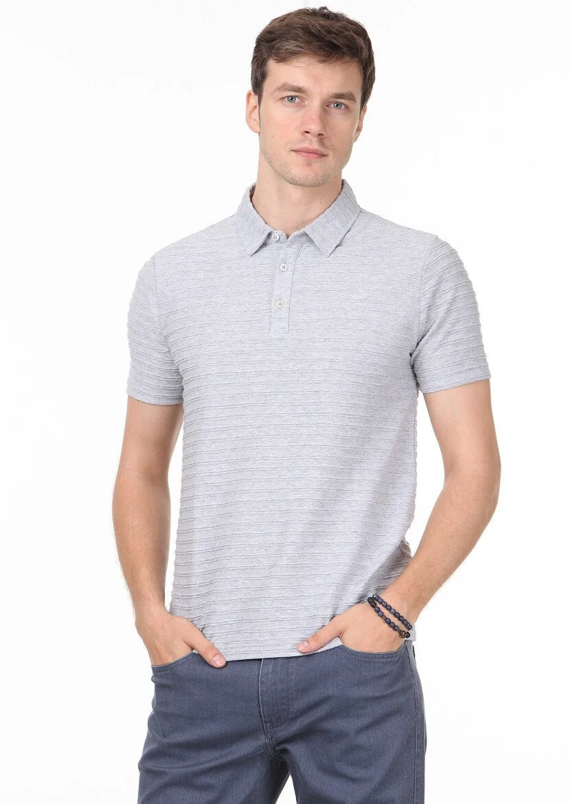 Açık Gri Jakarlı Polo Yaka %100 Pamuk T-Shirt - 3