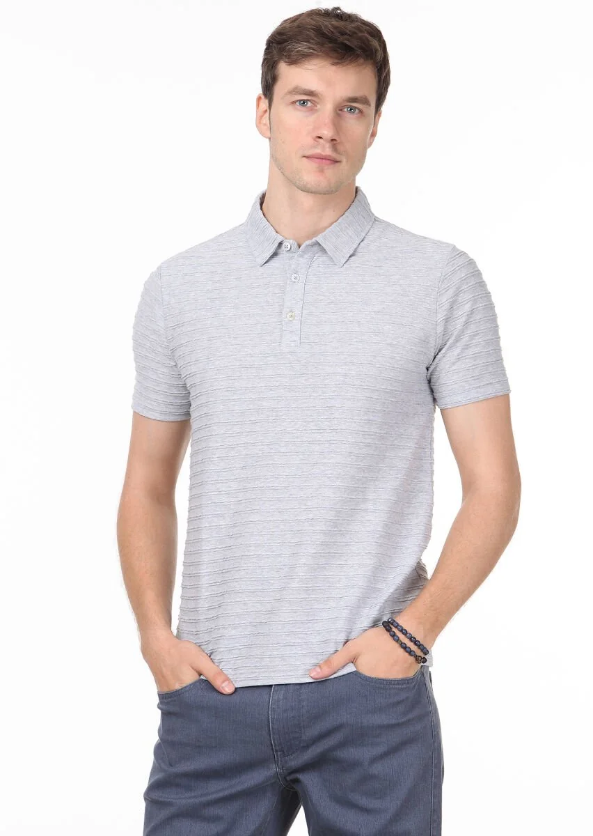 Açık Gri Jakarlı Polo Yaka %100 Pamuk T-Shirt - 3