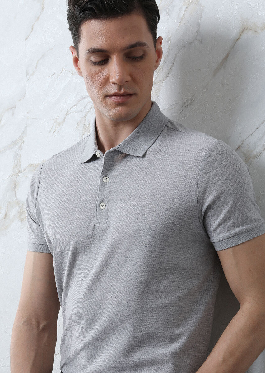 Açık Gri Jakarlı Polo Yaka %100 Pamuk T-Shirt - 1