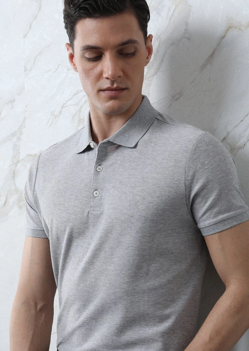 Açık Gri Jakarlı Polo Yaka %100 Pamuk T-Shirt - 1