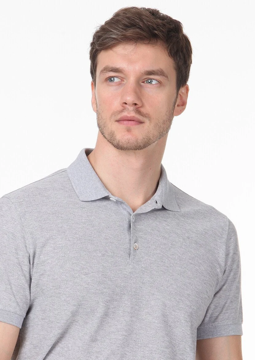 Açık Gri Jakarlı Polo Yaka %100 Pamuk T-Shirt - 2