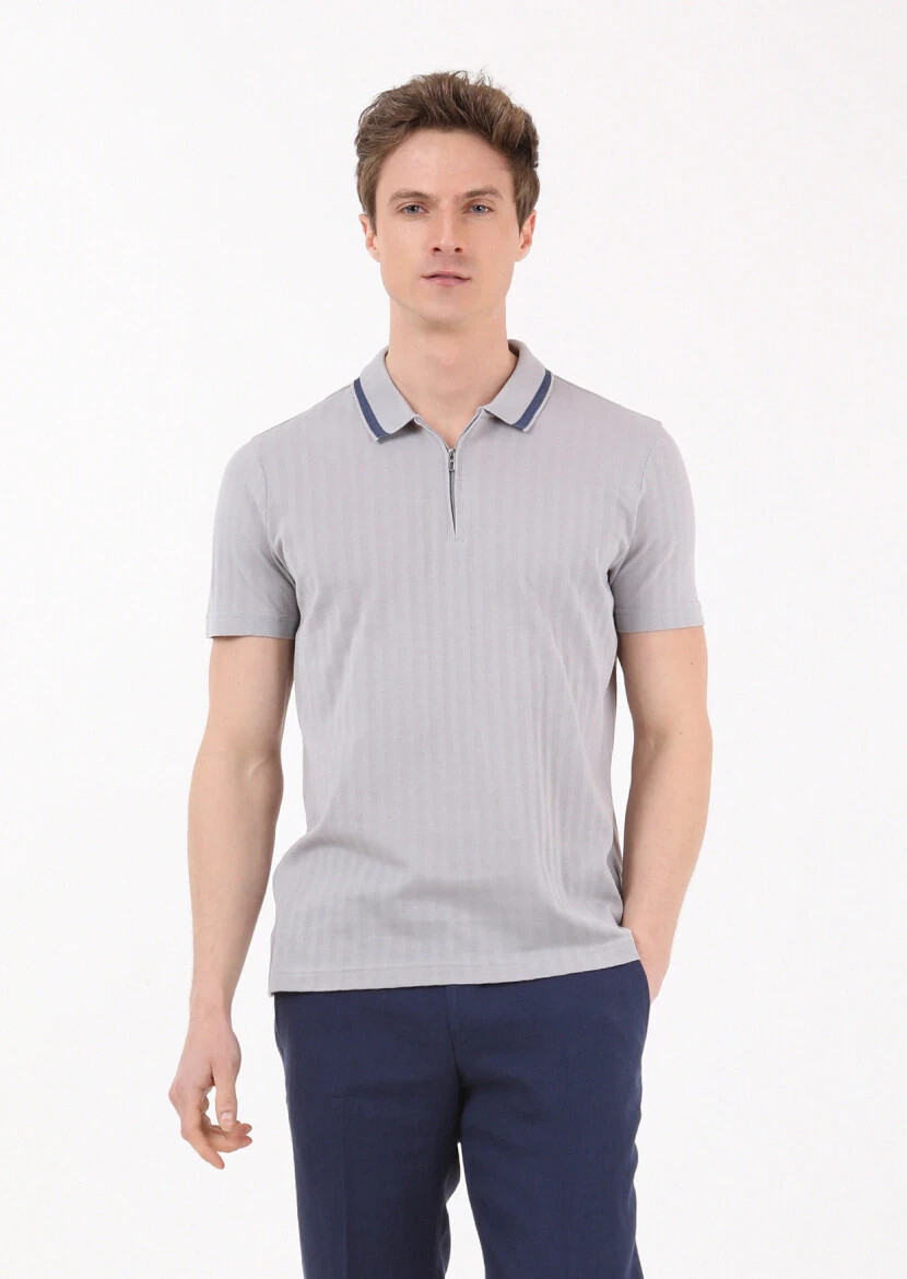 Açık Gri Jakarlı Polo Yaka %100 Pamuk T-Shirt 