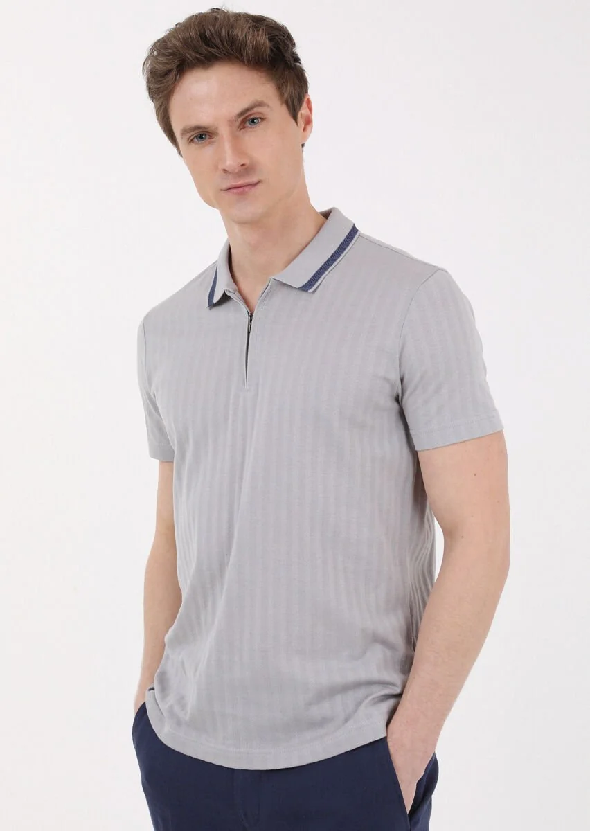 Açık Gri Jakarlı Polo Yaka %100 Pamuk T-Shirt - 2