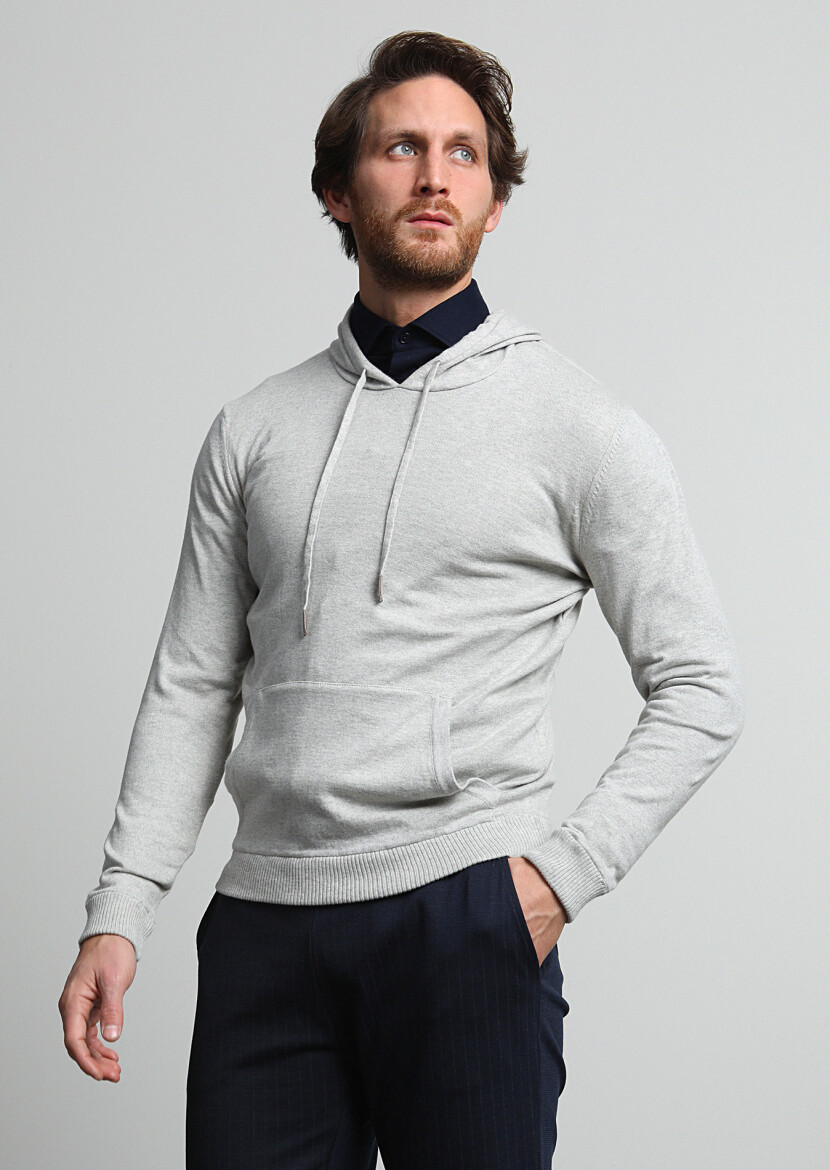 Açık Gri Kapüşonlu Düz Örgü %100 Pamuk Triko Kazak - 3