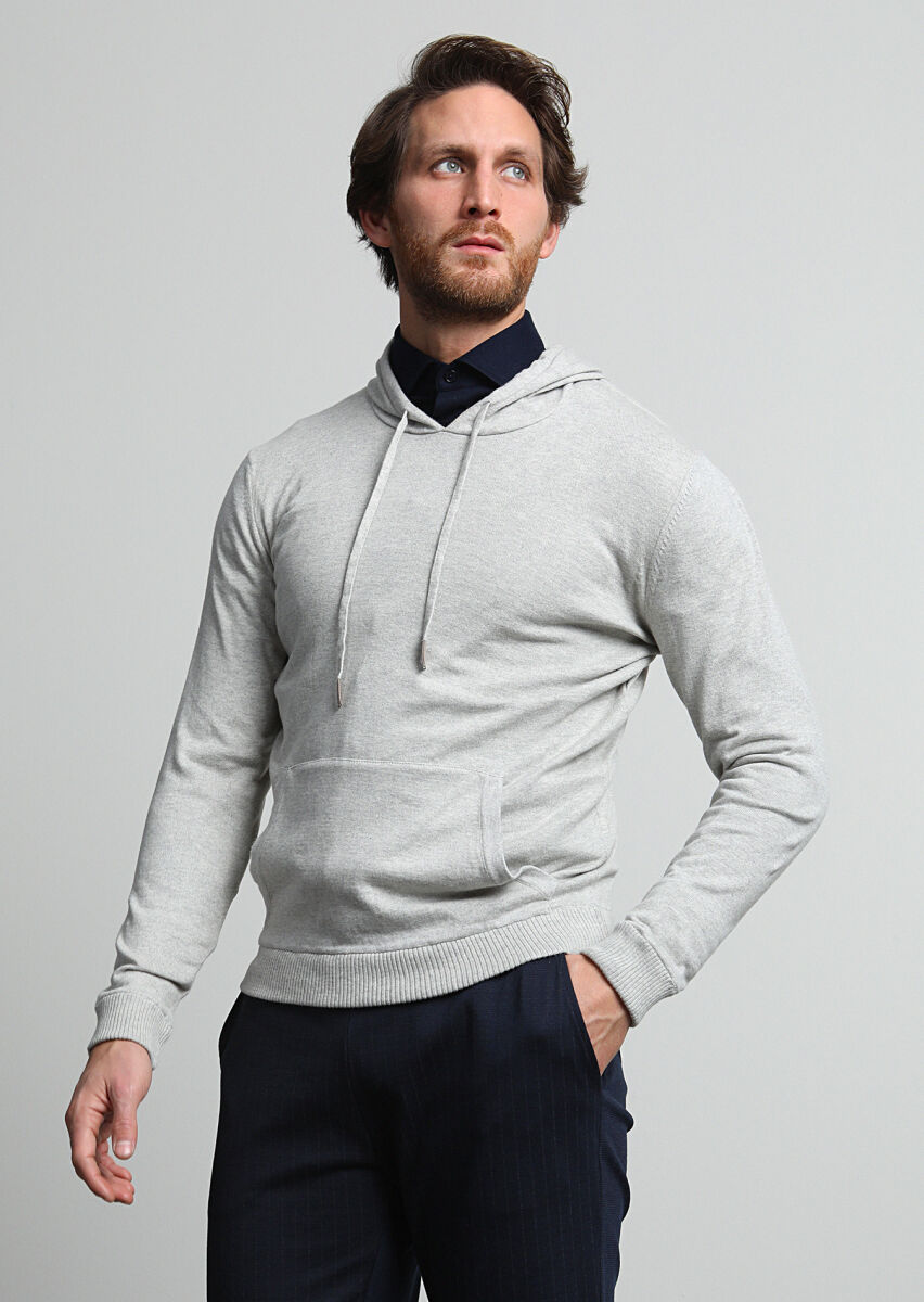 Açık Gri Kapüşonlu Düz Örgü %100 Pamuk Triko Kazak - 3