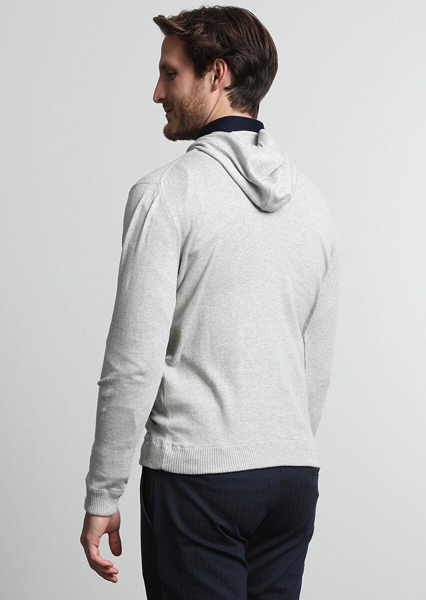Açık Gri Kapüşonlu Düz Örgü %100 Pamuk Triko Kazak - 4
