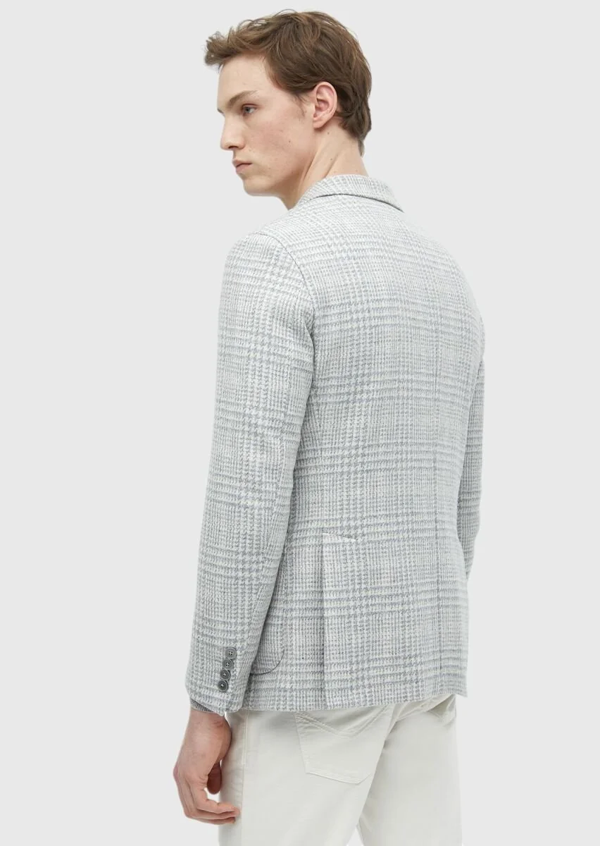 Açık Gri Kareli Shirt Shoulder Slim Fit Yün Karışımlı Ceket - 6