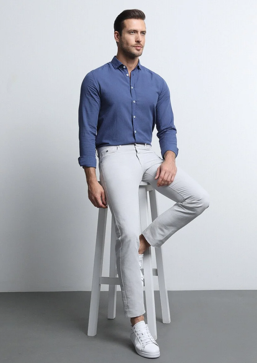 Açık Gri Mikro Dokuma Slim Fit Casual Pamuk Karışımlı Pantolon 
