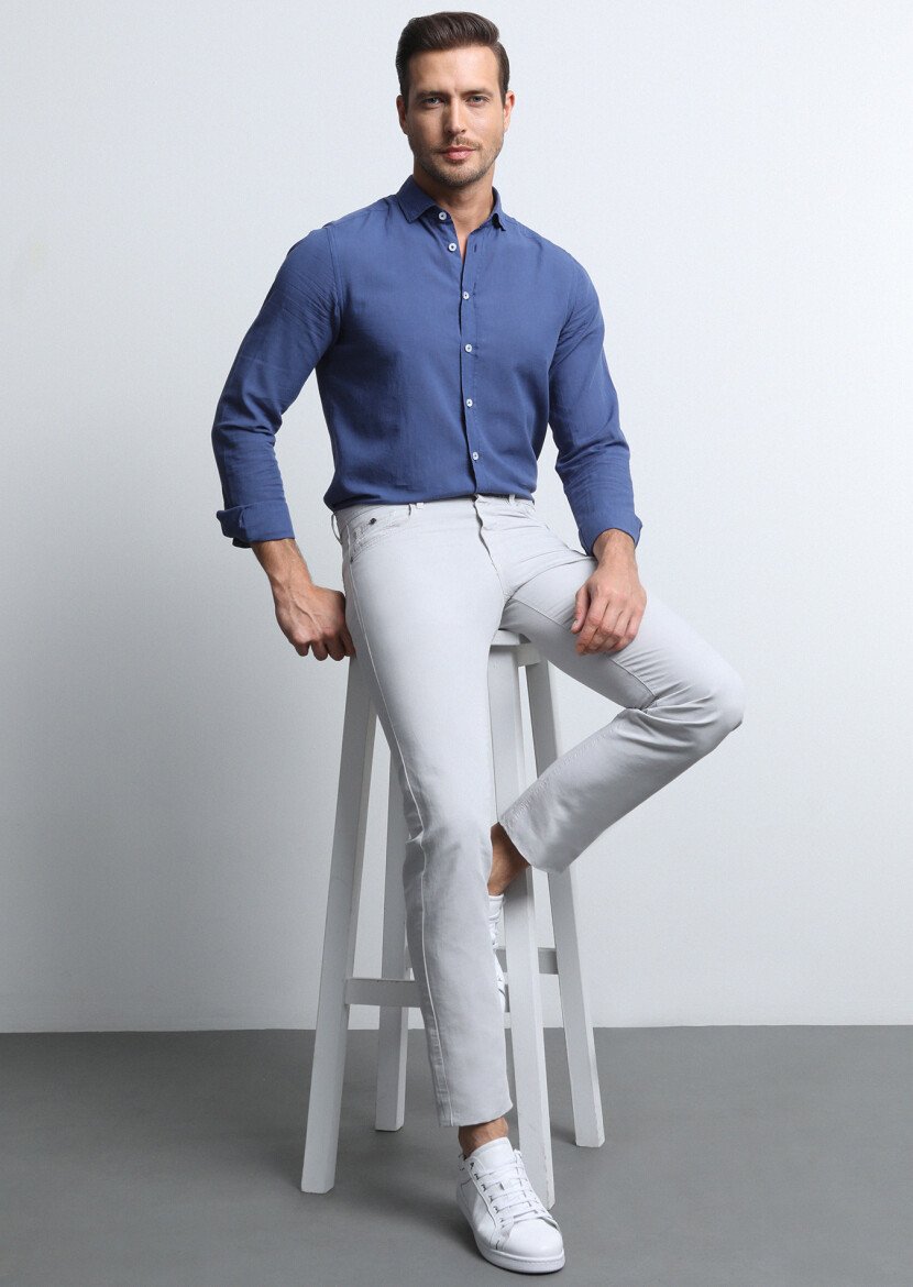 Açık Gri Mikro Dokuma Slim Fit Casual Pamuk Karışımlı Pantolon 
