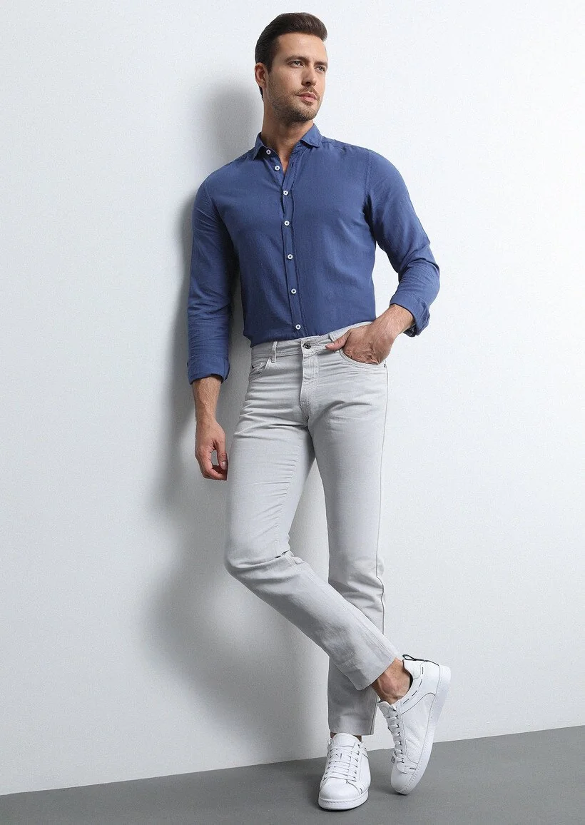 Açık Gri Mikro Dokuma Slim Fit Casual Pamuk Karışımlı Pantolon - 3