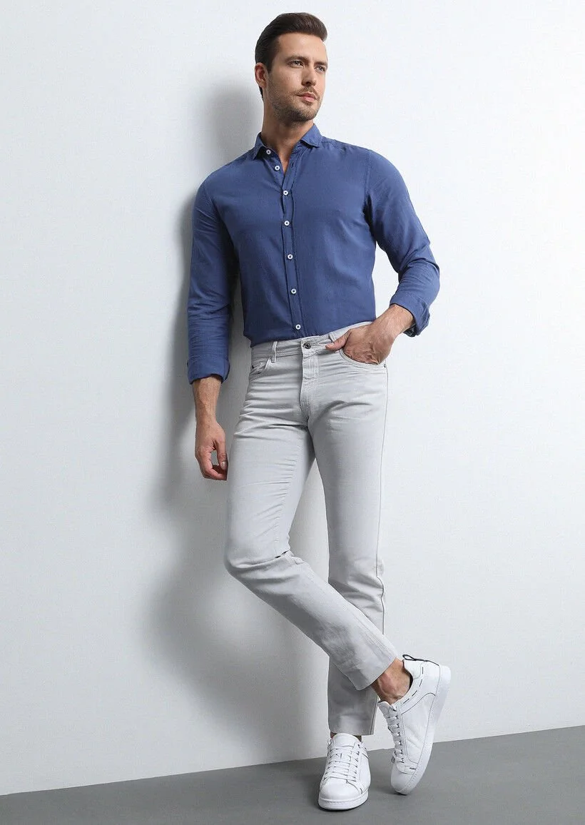 Açık Gri Mikro Dokuma Slim Fit Casual Pamuk Karışımlı Pantolon - 3