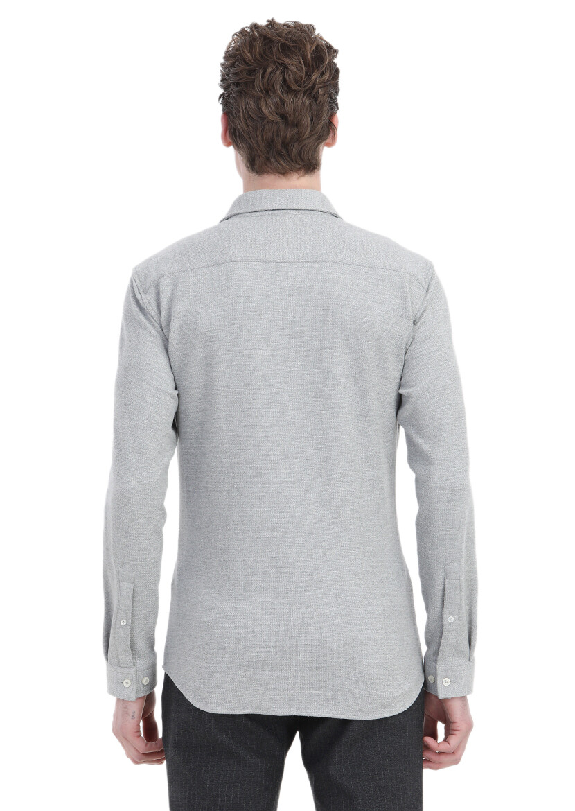 Açık Gri Mikro Regular Fit Uzun Casual Pamuk Karışımlı Gömlek - 5