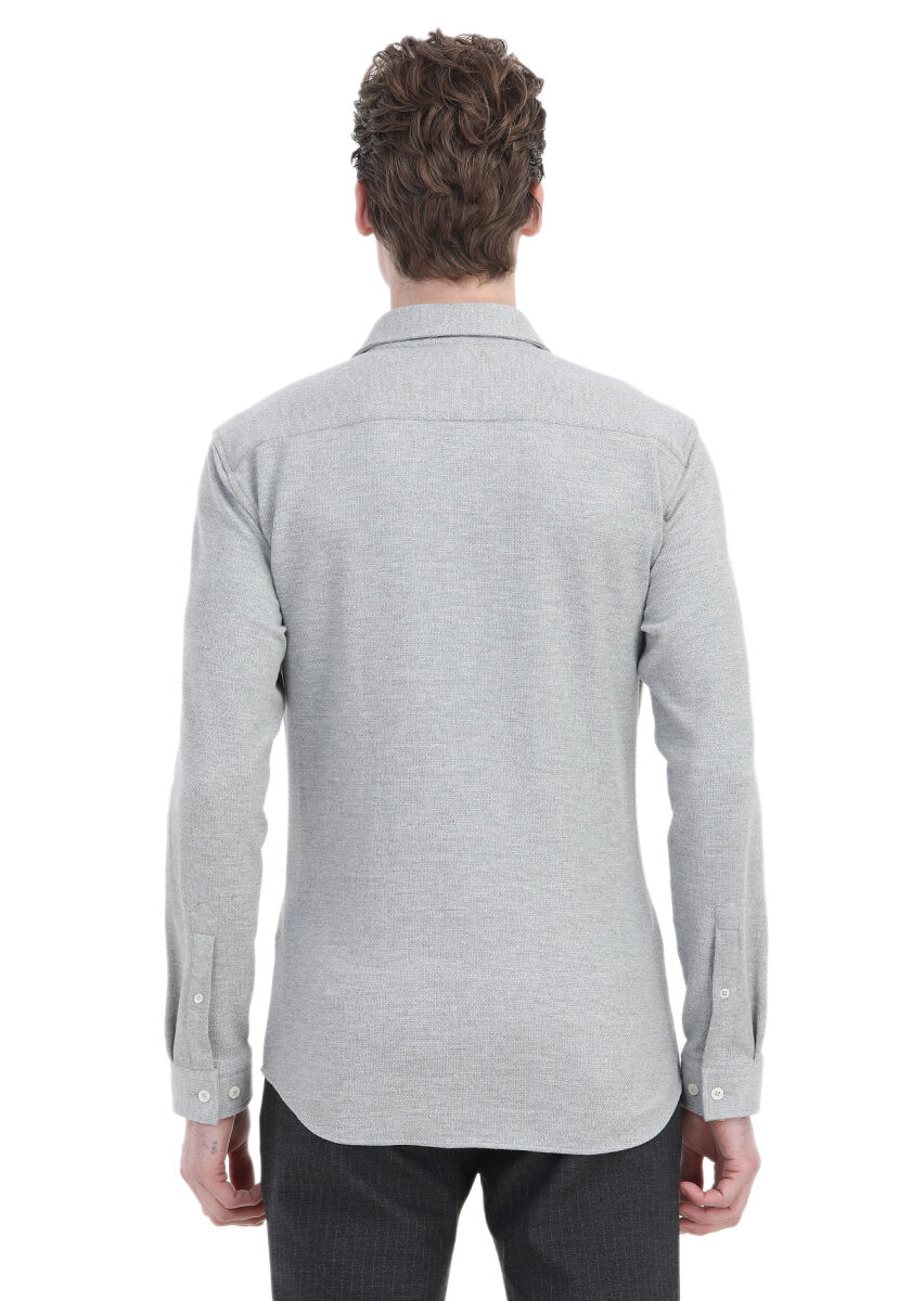 Açık Gri Mikro Regular Fit Uzun Casual Pamuk Karışımlı Gömlek - 5
