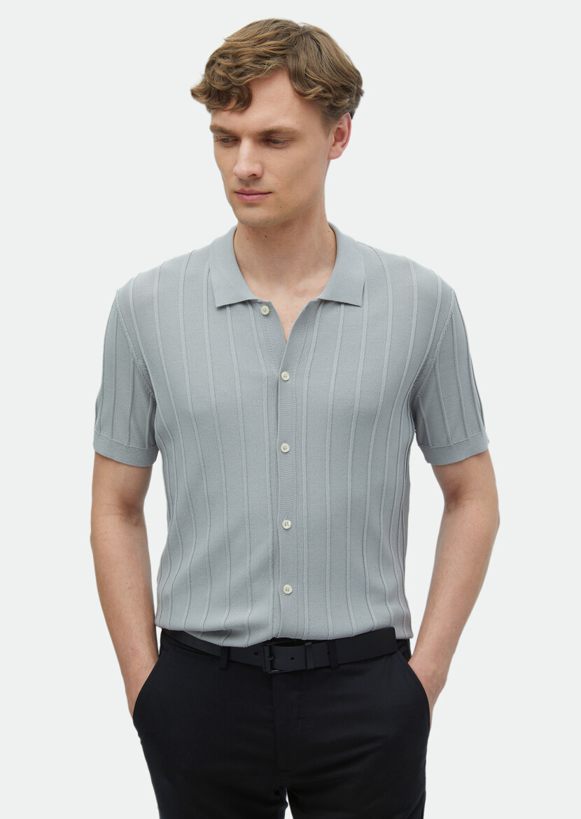 Açık Gri Polo Yaka Jakarlı Triko - RAMSEY