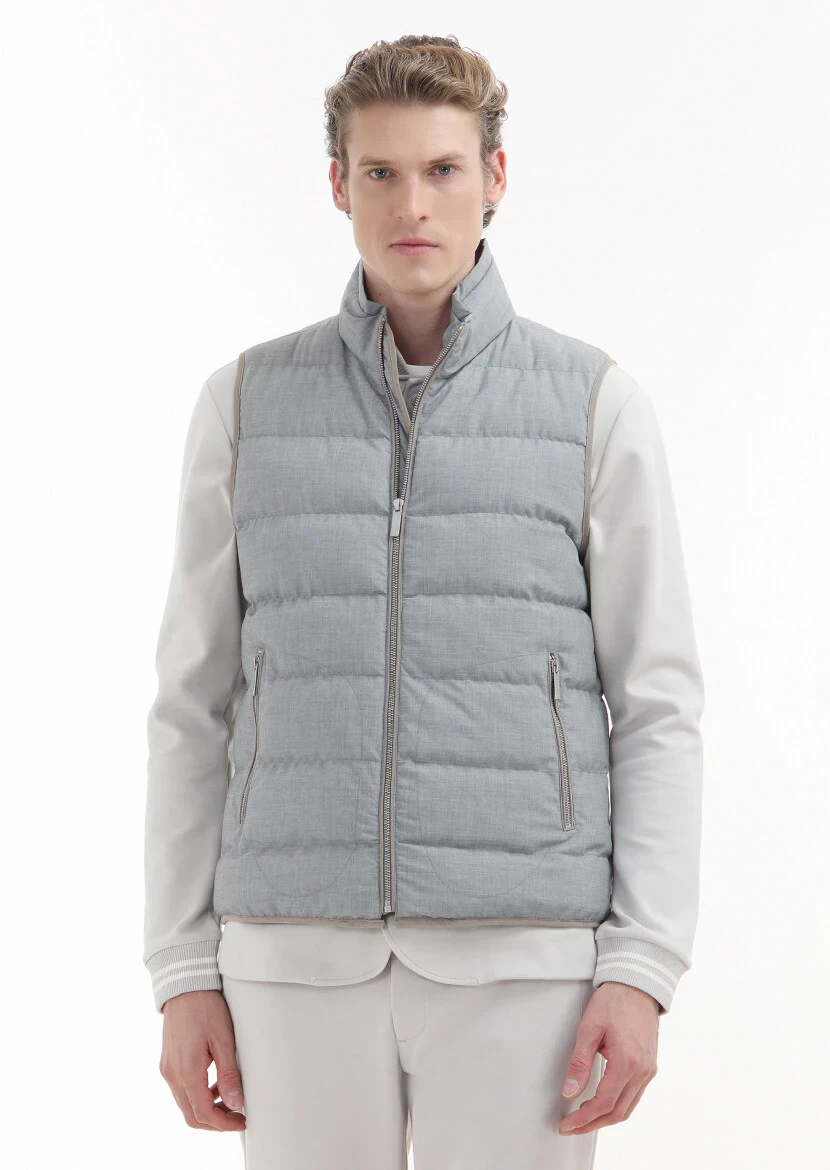 Açık Gri Regular Fit Dik Yaka Casual Dokuma Spor Yelek - 1