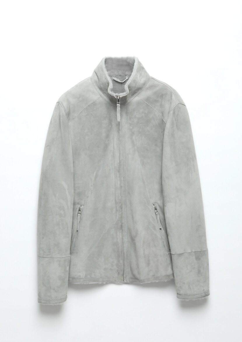 Açık Gri Regular Fit Dik Yaka Casual Kürk Deri Mont - 9