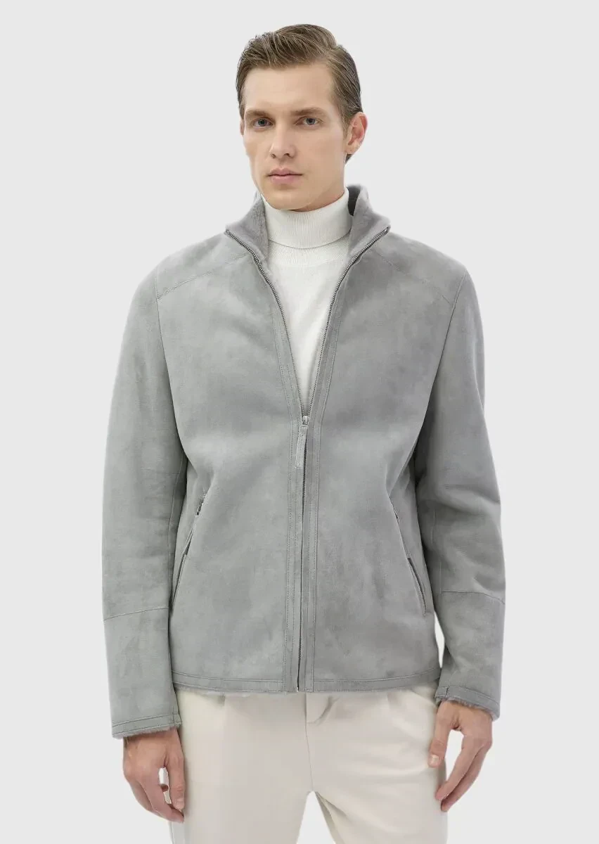 Açık Gri Regular Fit Dik Yaka Casual Kürk Deri Mont - 1