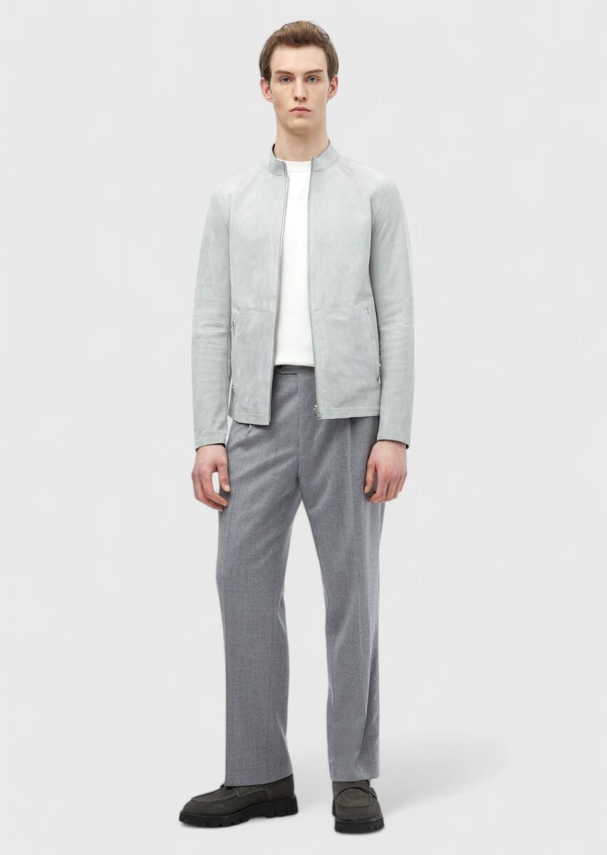 Açık Gri Regular Fit Dik Yaka Casual Süet Çift Taraflı Deri Mont - 3