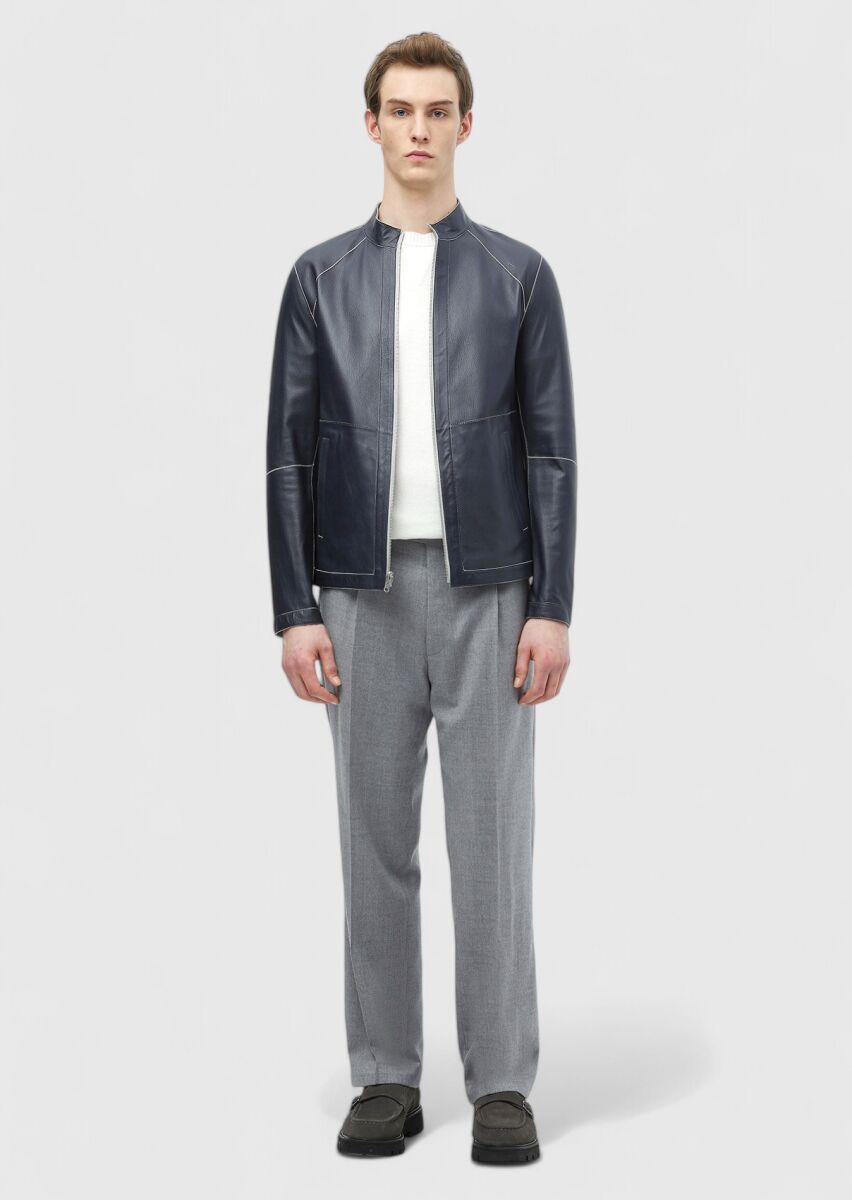 Açık Gri Regular Fit Dik Yaka Casual Süet Çift Taraflı Deri Mont - 4