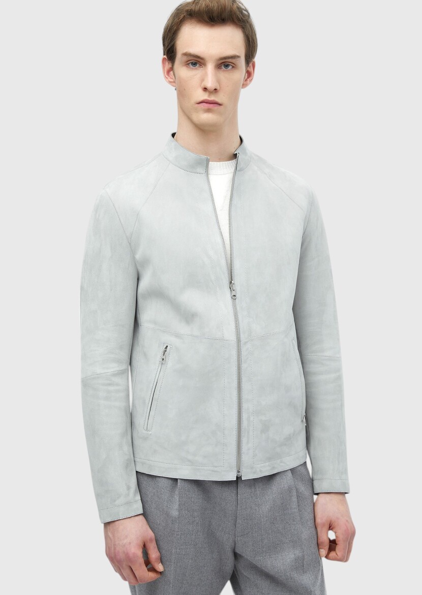 Açık Gri Regular Fit Dik Yaka Casual Süet Çift Taraflı Deri Mont - 5