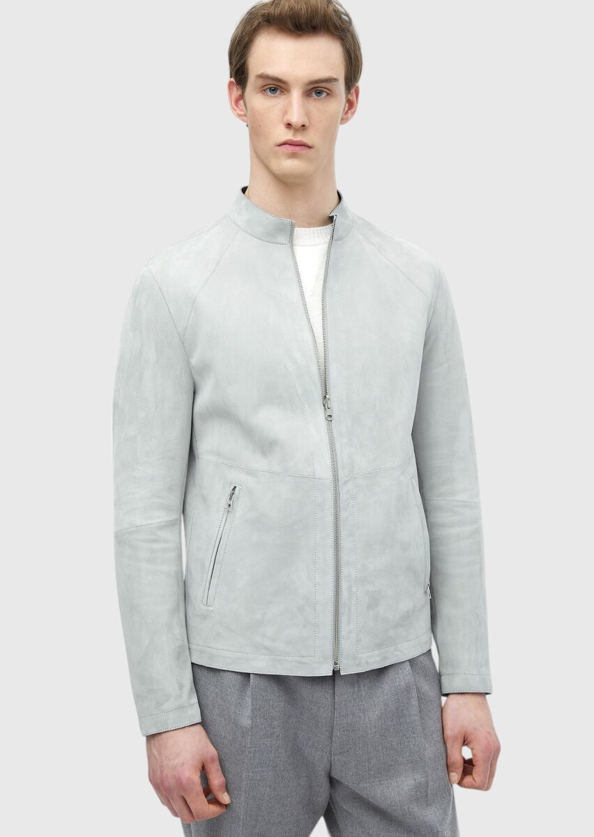Açık Gri Regular Fit Dik Yaka Casual Süet Çift Taraflı Deri Mont - 5