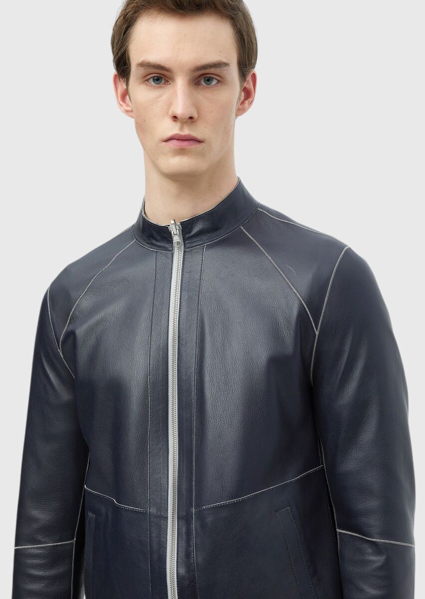 Açık Gri Regular Fit Dik Yaka Casual Süet Çift Taraflı Deri Mont - 6