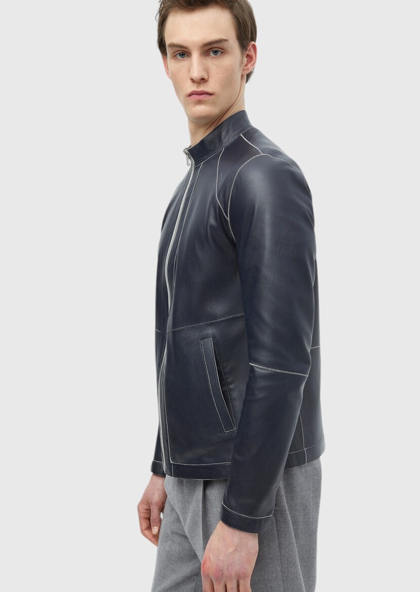 Açık Gri Regular Fit Dik Yaka Casual Süet Çift Taraflı Deri Mont - 8