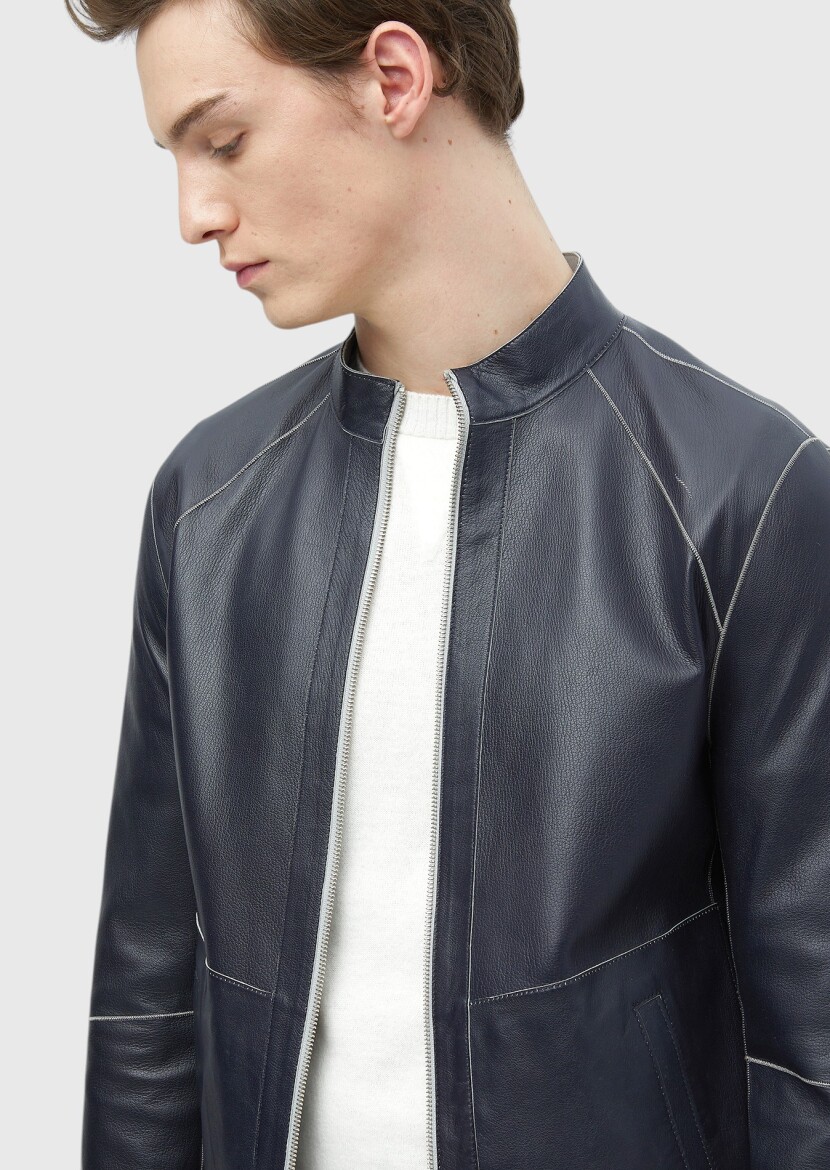 Açık Gri Regular Fit Dik Yaka Casual Süet Çift Taraflı Deri Mont - 10