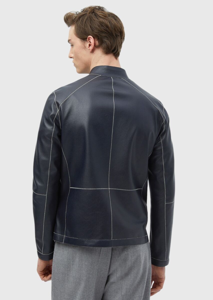 Açık Gri Regular Fit Dik Yaka Casual Süet Çift Taraflı Deri Mont - 14