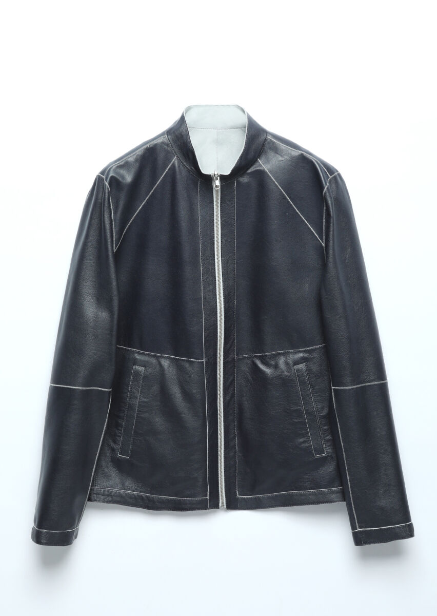 Açık Gri Regular Fit Dik Yaka Casual Süet Çift Taraflı Deri Mont - 16