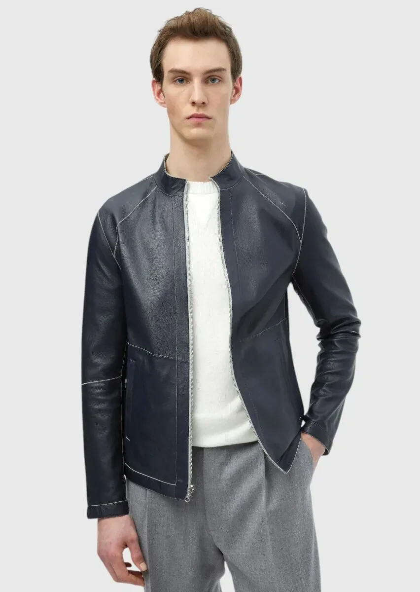Açık Gri Regular Fit Dik Yaka Casual Süet Çift Taraflı Deri Mont - 2