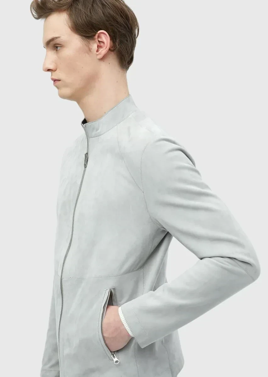 Açık Gri Regular Fit Dik Yaka Casual Süet Çift Taraflı Deri Mont - 7