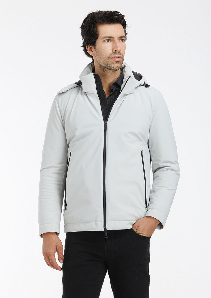 Açık Gri Regular Fit Kapüşonlu Casual Dokuma Mont - 2
