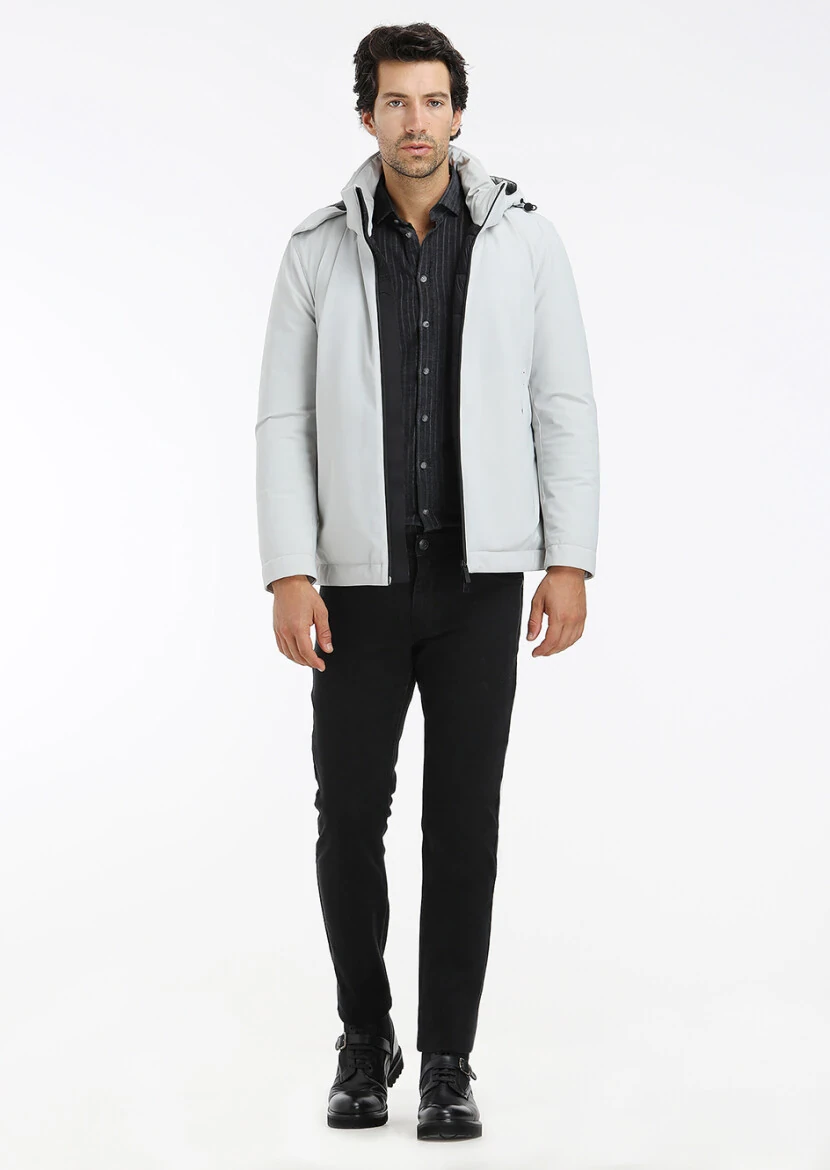 Açık Gri Regular Fit Kapüşonlu Casual Dokuma Mont - 1