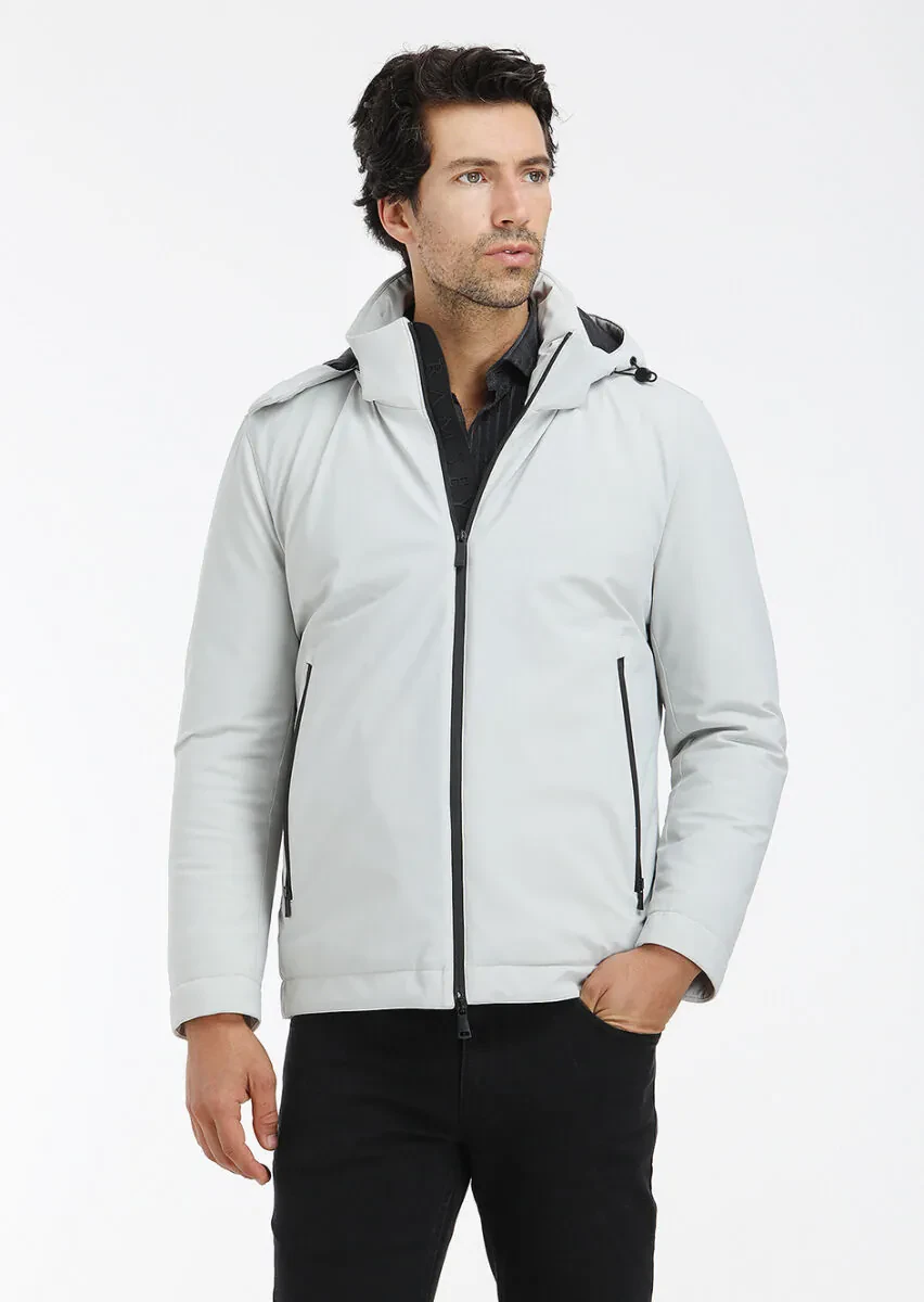 Açık Gri Regular Fit Kapüşonlu Casual Dokuma Mont - 2