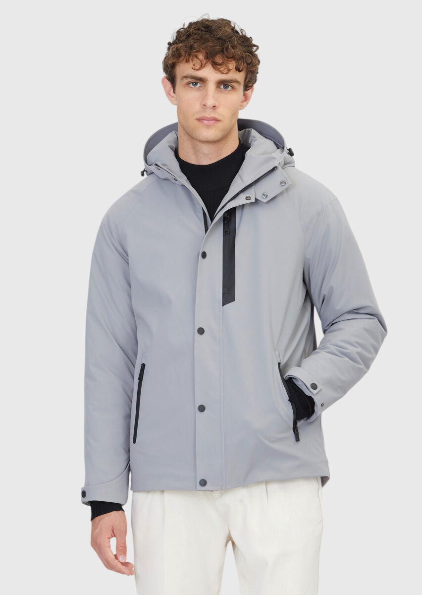 Açık Gri Regular Fit Kapüşonlu Casual Dokuma Mont - 1