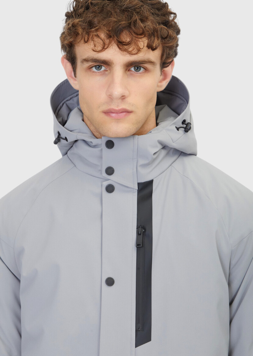 Açık Gri Regular Fit Kapüşonlu Casual Dokuma Mont - 4