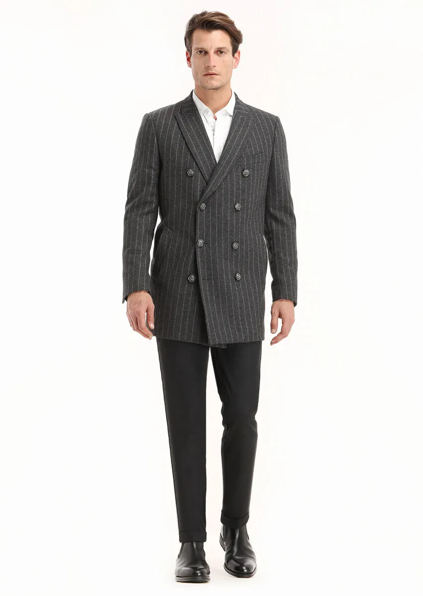 Açık Gri Regular Fit Kruvaze Yaka Casual Dokuma Kaban - 1