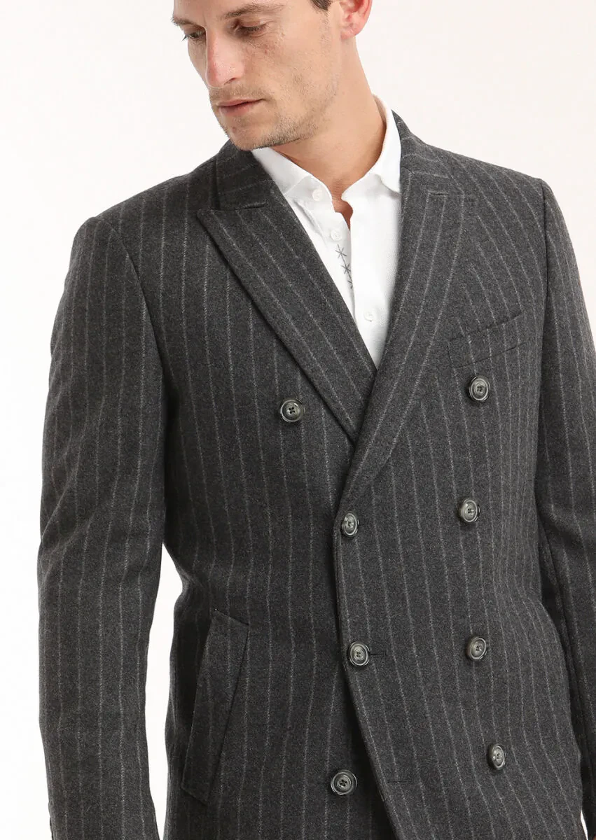 Açık Gri Regular Fit Kruvaze Yaka Casual Dokuma Kaban - 3