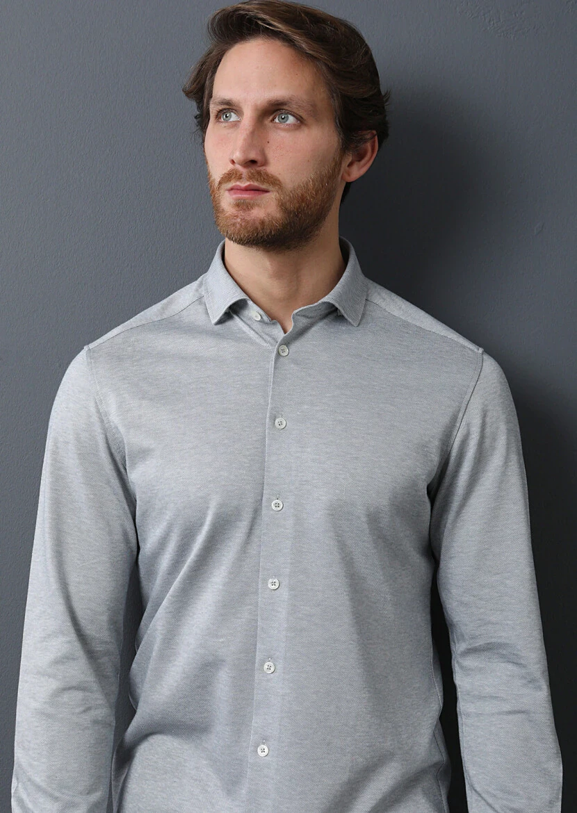 Açık Gri Slim Fit Casual %100 Pamuk Gömlek - 3