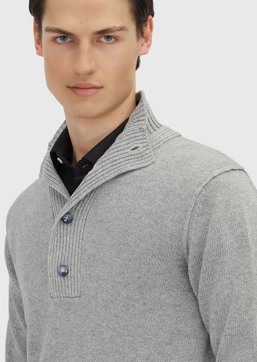 Açık Gri Yarım Balıkçı Yaka Düz Örgü Kaşmir Karışımlı Triko Kazak - 5