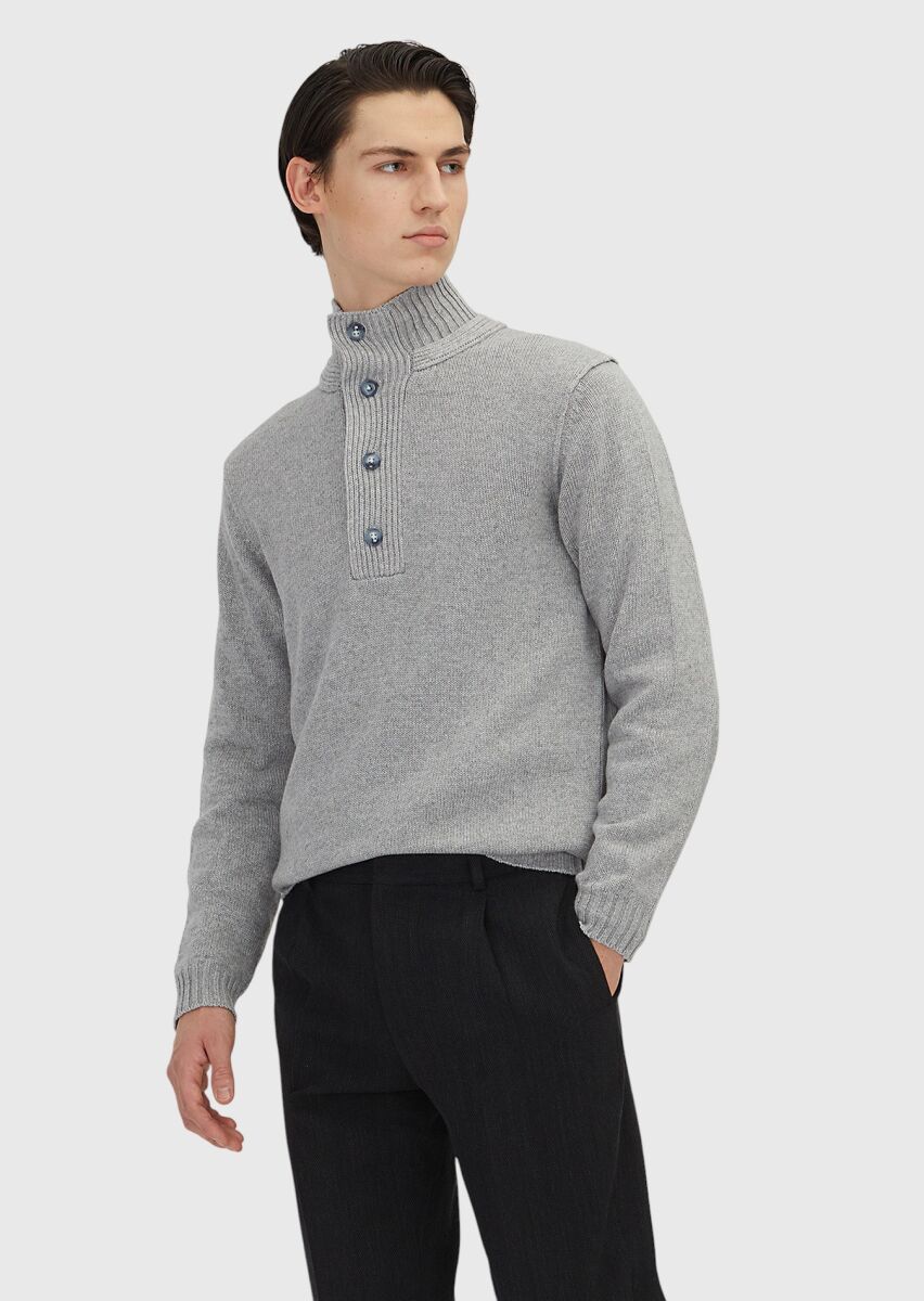 Açık Gri Yarım Balıkçı Yaka Düz Örgü Kaşmir Karışımlı Triko Kazak - 6