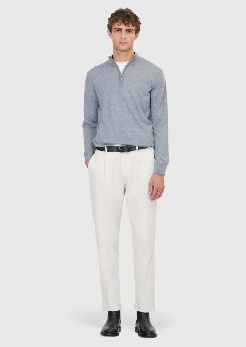 Açık Gri Yarım Balıkçı Yaka Düz Örgü Yün Karışımlı Triko Kazak - RAMSEY