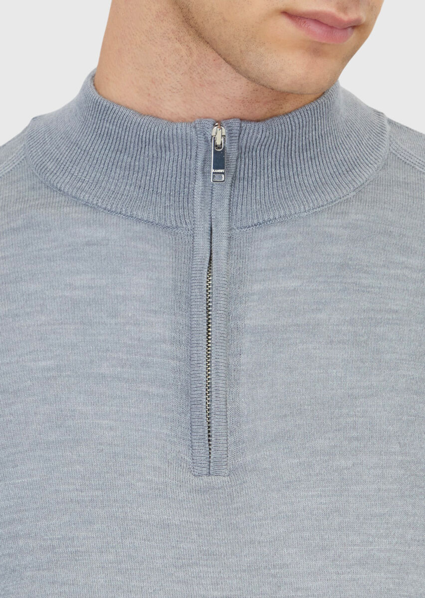 Açık Gri Yarım Balıkçı Yaka Düz Örgü Yün Karışımlı Triko Kazak - 5